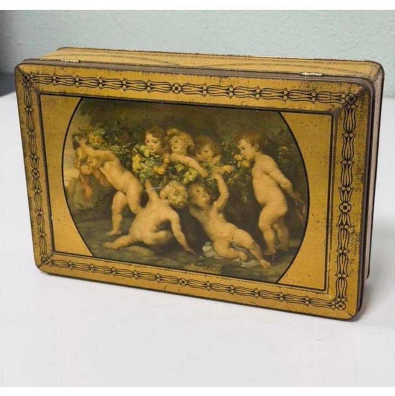 Vintage brocante koekjes blik PAREIN engeltjes goudkleur, Verzamelen, Blikken, Ophalen of Verzenden, Zo goed als nieuw, Koek(jes)