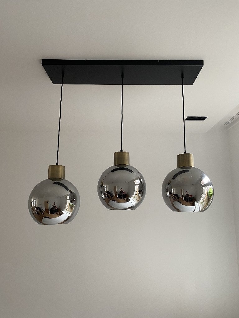 Hanglamp met drie chrome bollen, Ophalen, E27 (groot), Zo goed als nieuw, Glas
