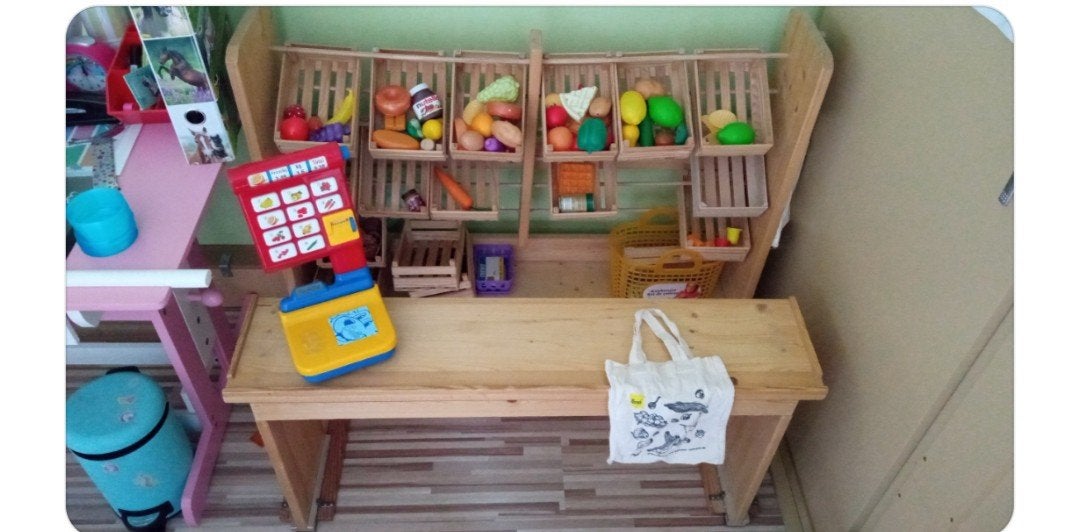 Houten speelgoedwinkel met weegschaal en accessoires, Ophalen, Jongen of Meisje