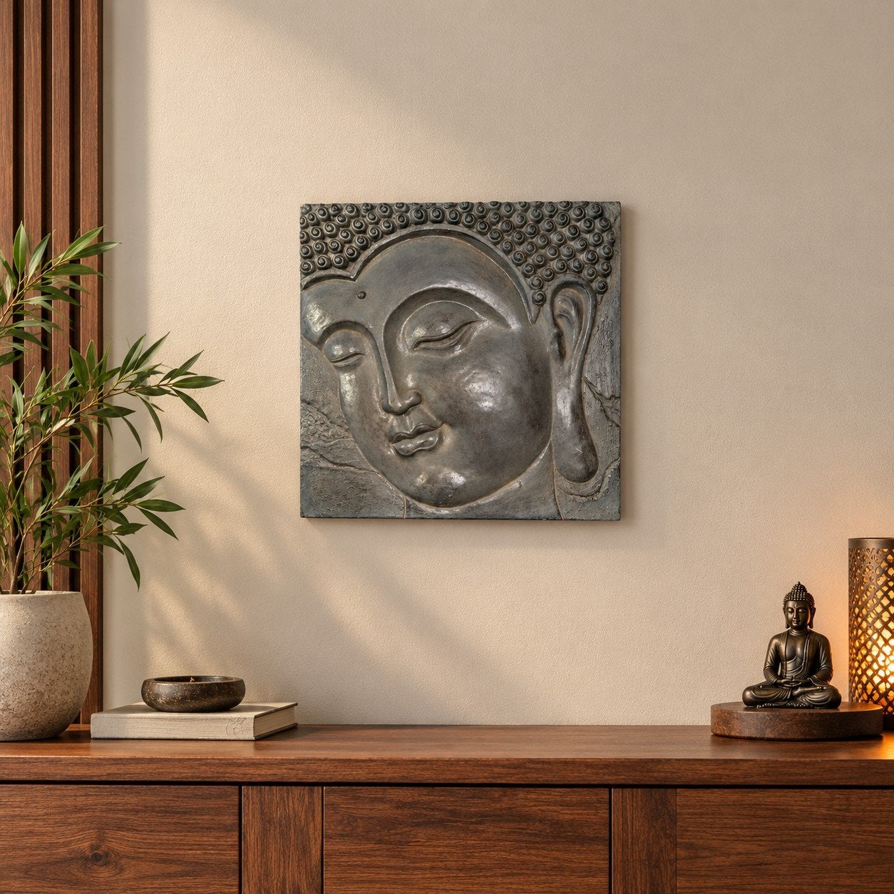 Boeddha afbeelding 38x38 cm voor decoratie, Met reliëf, Steen/keramiek, Nieuw, Grijs