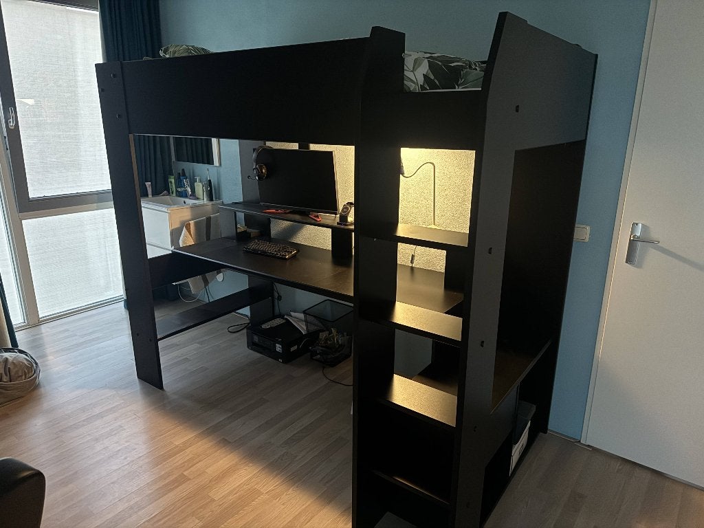 Zwart hoogslaper met bureau en opbergruimte, Gebruikt, Eenpersoons, 160 tot 180 cm, Ophalen of Verzenden
