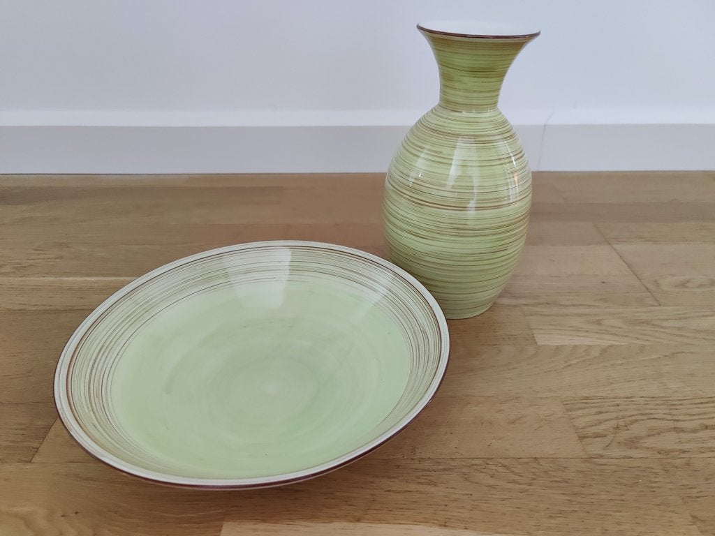 Fairtrade vaas & schaal, pastelgroen met accentstrepen, Huis en Inrichting, Ophalen, 26 cm, Meerkleurig, Nieuw
