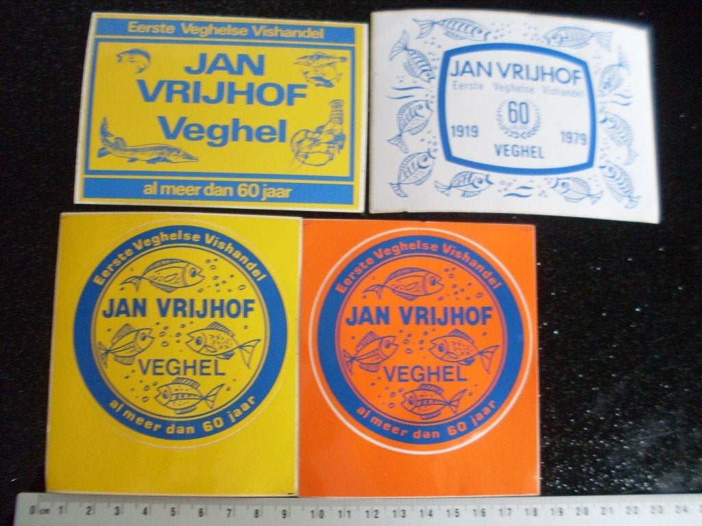 4x sticker Jan Vrijhof veghel eerste veghelse vishandel logo, Verzenden, Zo goed als nieuw, Bedrijf of Vereniging
