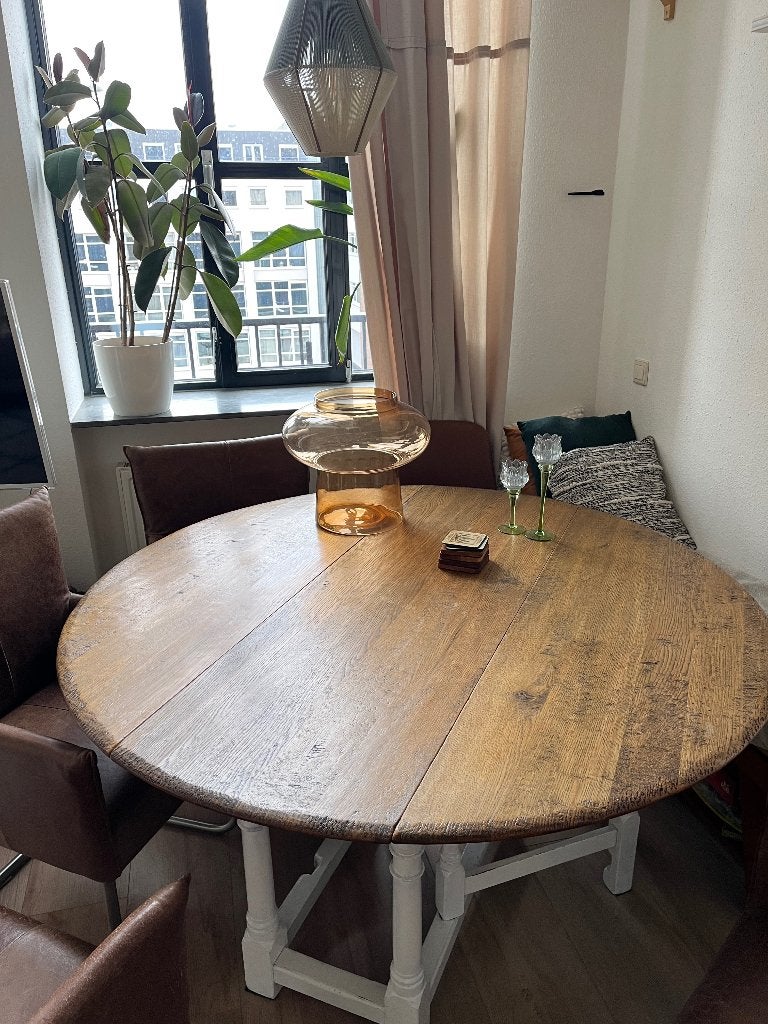 Ronde houten eettafel, Huis en Inrichting, Tafels | Eettafels, Ophalen, Gebruikt, Rond, Vijf personen of meer