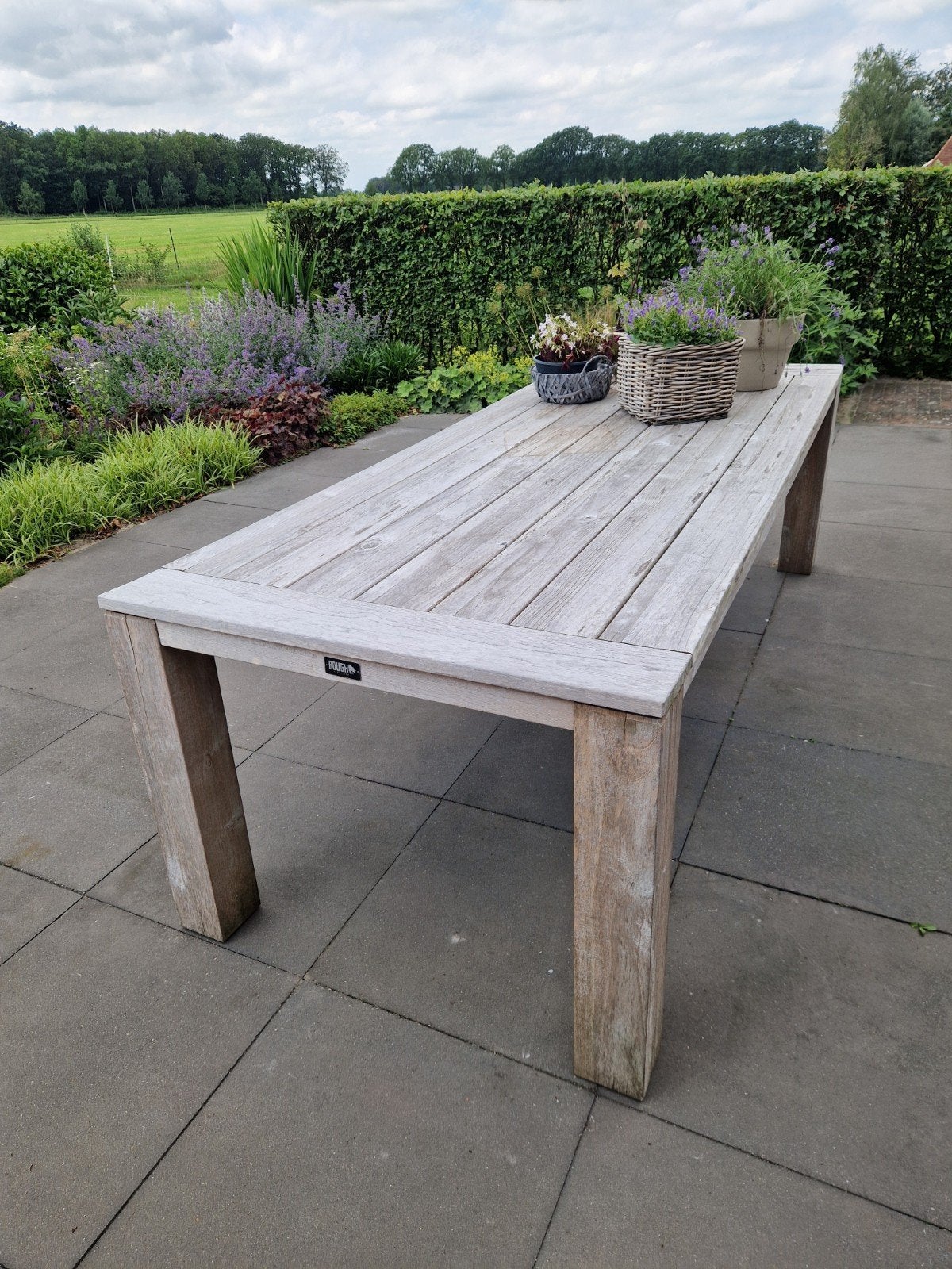Teakhouten tuintafel met 6 wicker stoelen, Ophalen, Gebruikt, 6 zitplaatsen, Teakhout