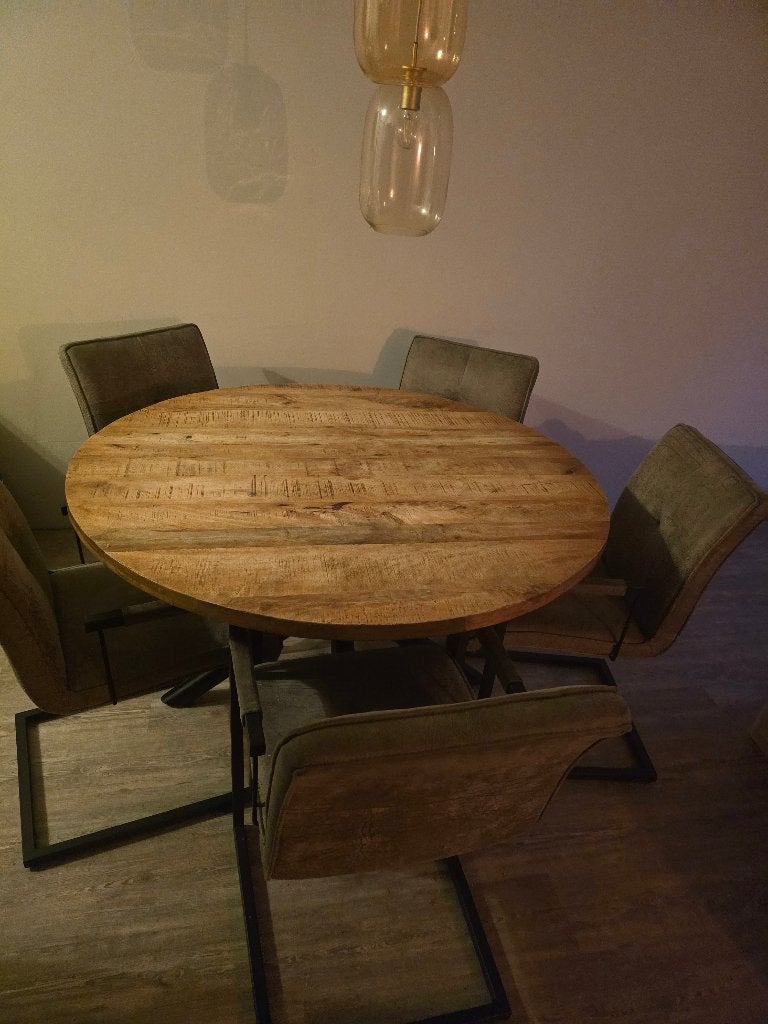 Ronde eettafel Ø150 cm + 6 eetkamerstoelen | Complete set, Ophalen, Gebruikt, 4 tot 6 stoelen
