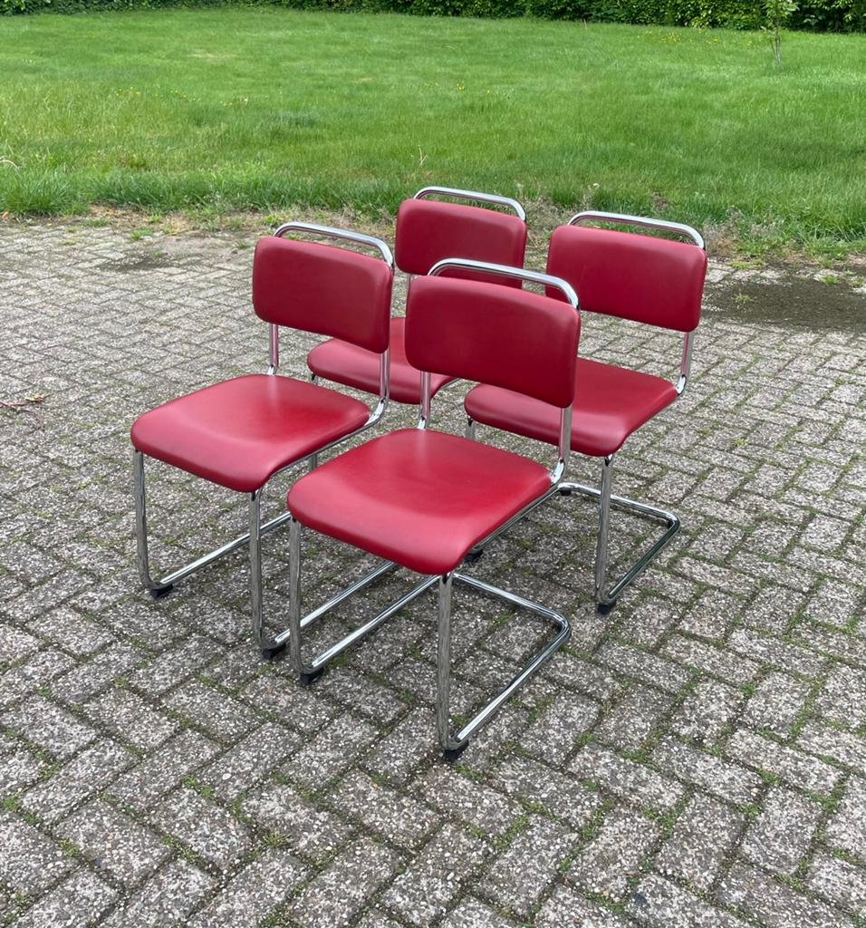 Gispen 101 design stoelen Dutch Originals rood leer chroom, Ophalen, Gebruikt, Rood, Leer