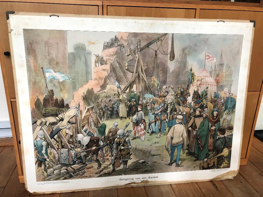 schoolplaat "Belegering van een kasteel", Antiek en Kunst, Antiek | Schoolplaten, Ophalen, Geschiedenis