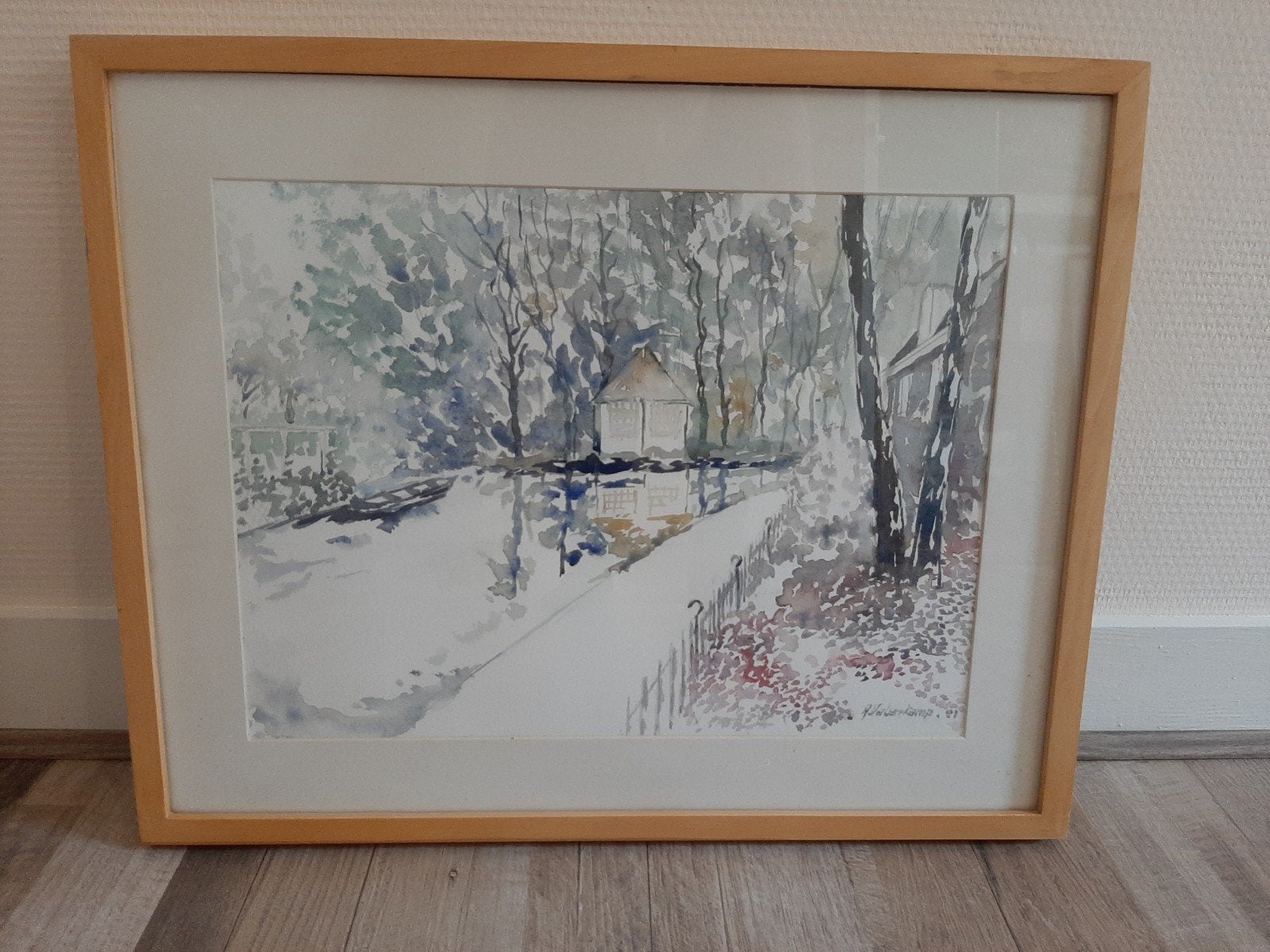 Ingelijste aquarel dorpsgezicht landschap, Antiek en Kunst, Kunst | Schilderijen | Klassiek, Ophalen of Verzenden