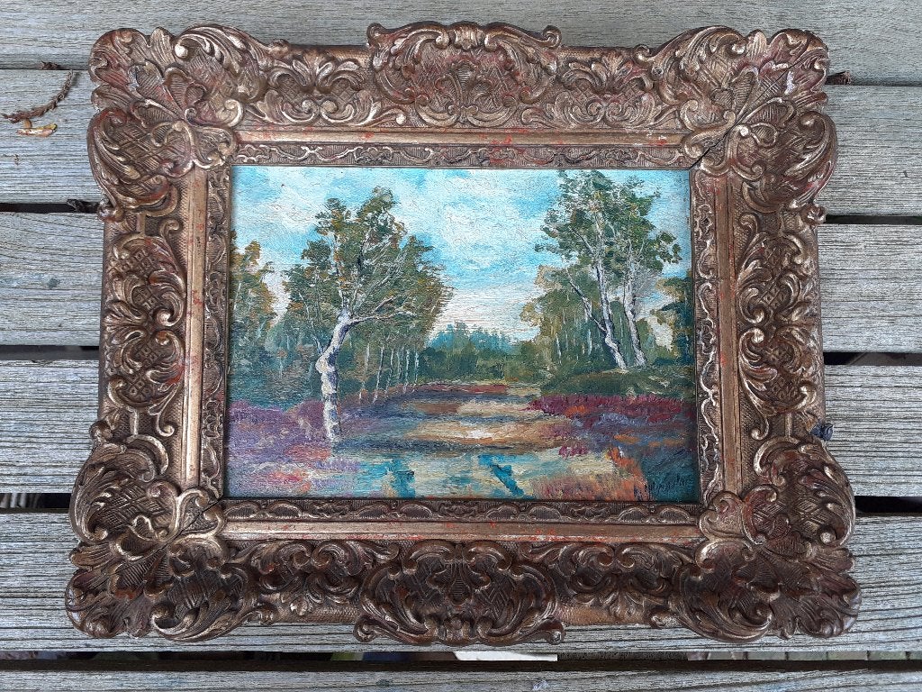 19e-eeuws Heidelandschap Olieverf op Paneel in Sierlijst, Antiek en Kunst, Paneel, Impressionistisch, Ophalen of Verzenden, Olieverf