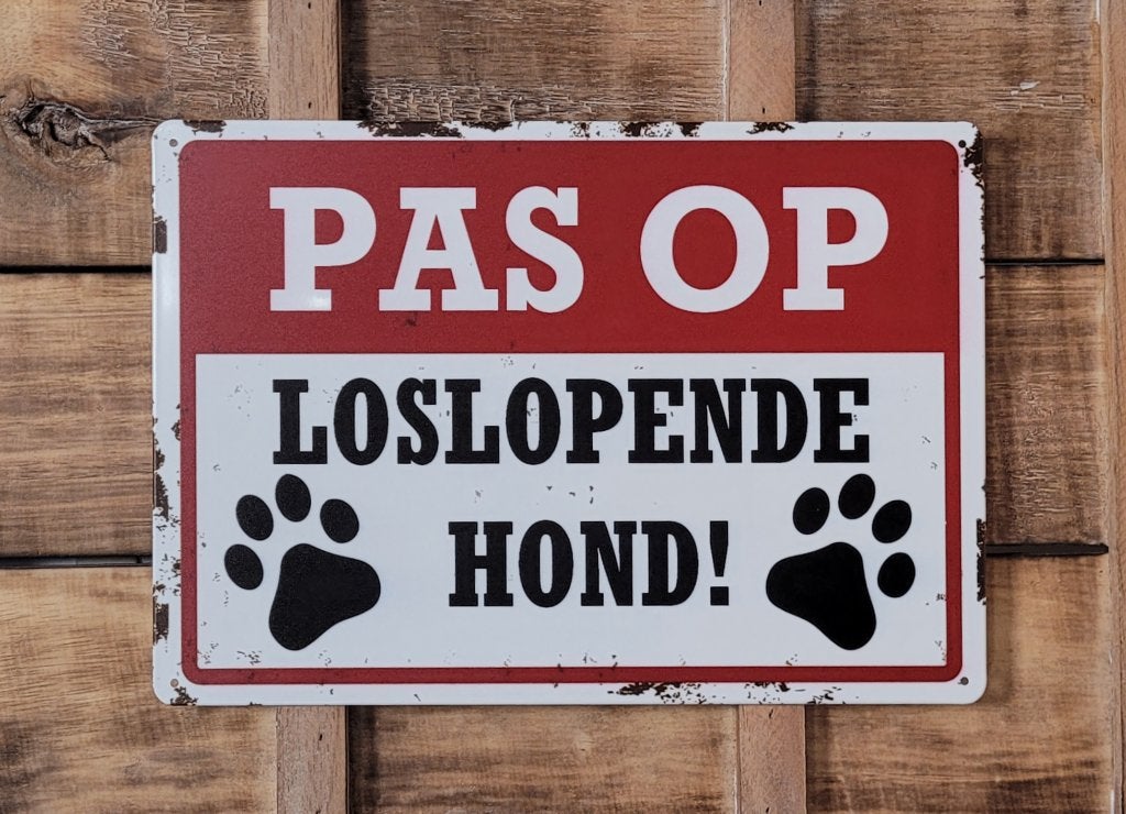 Pas op! Loslopende hond reclamebord van metaal wandbord deco, Info@deconoord.nl, Deco Noord, Nieuw, Ophalen of Verzenden