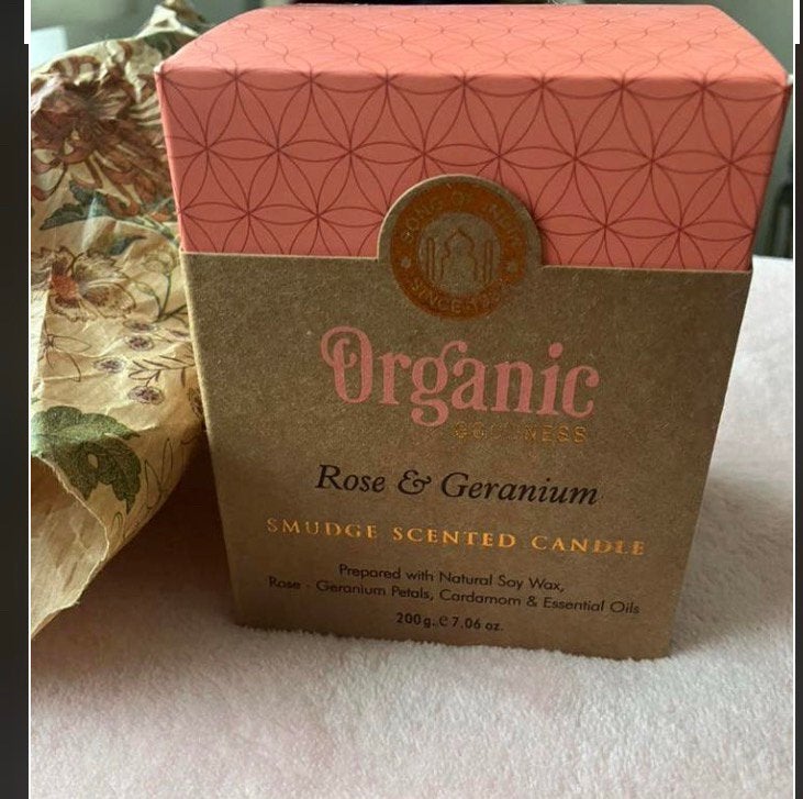 Song of India organic soy wax candle Rose & Geranium kaars, Ophalen of Verzenden, Nieuw, Was, Kaars