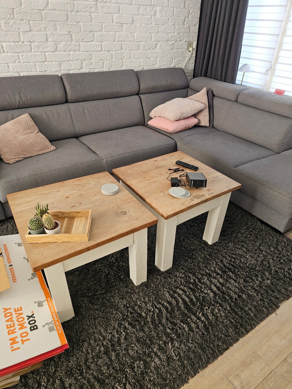 Set van 2 houten salontafels - Landelijke stijl, Ophalen, Gebruikt, 50 tot 100 cm, Vierkant