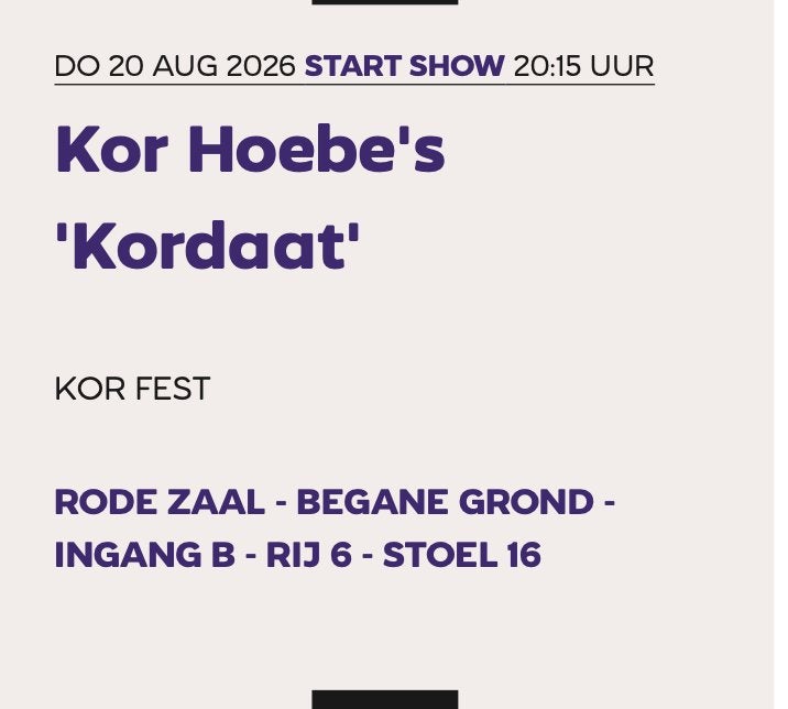 Kor Hoebe 4 tickets de Meervaart 20 aug, Tickets en Kaartjes, Drie personen of meer, Augustus
