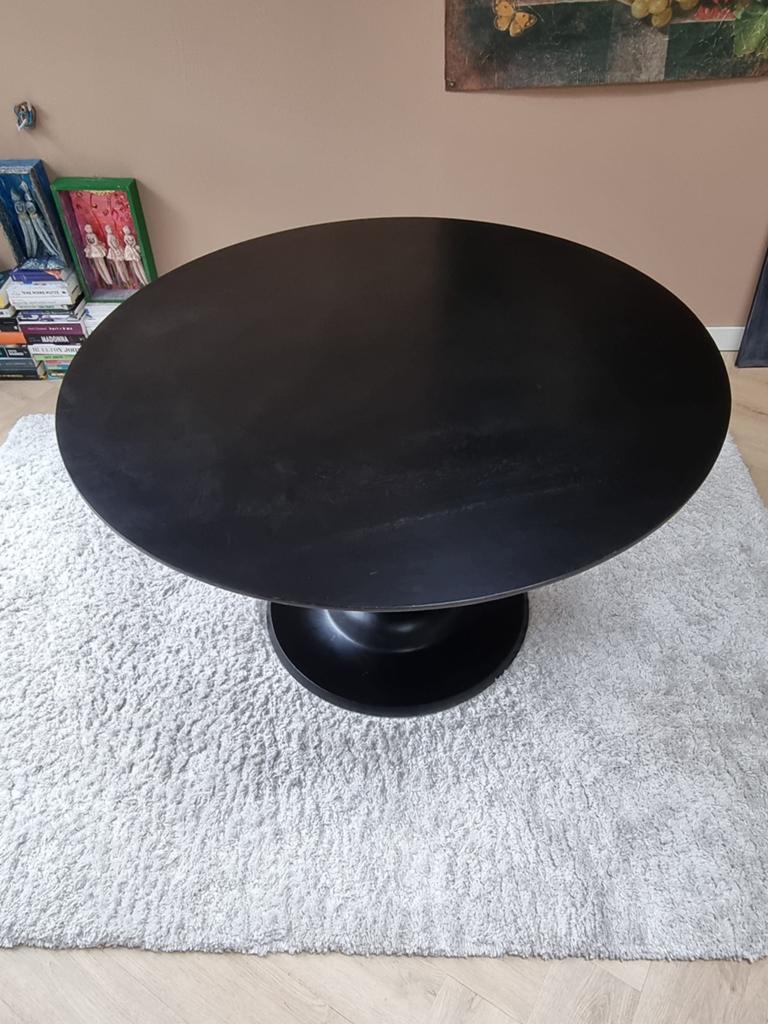 Eettafel Woood rond zwart met één poot, Huis en Inrichting, Tafels | Eettafels, Ophalen, Zo goed als nieuw