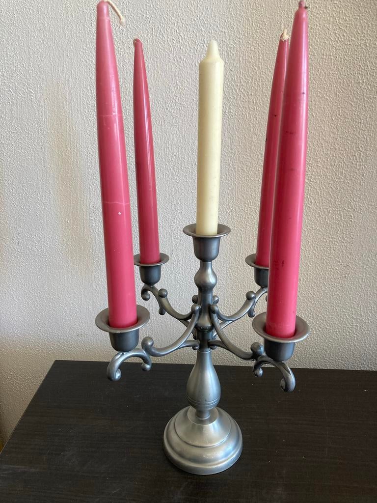 Tinnen Kandelaar met 4 Armen en 5 Kaarsen, 24,5cm, Ophalen of Verzenden