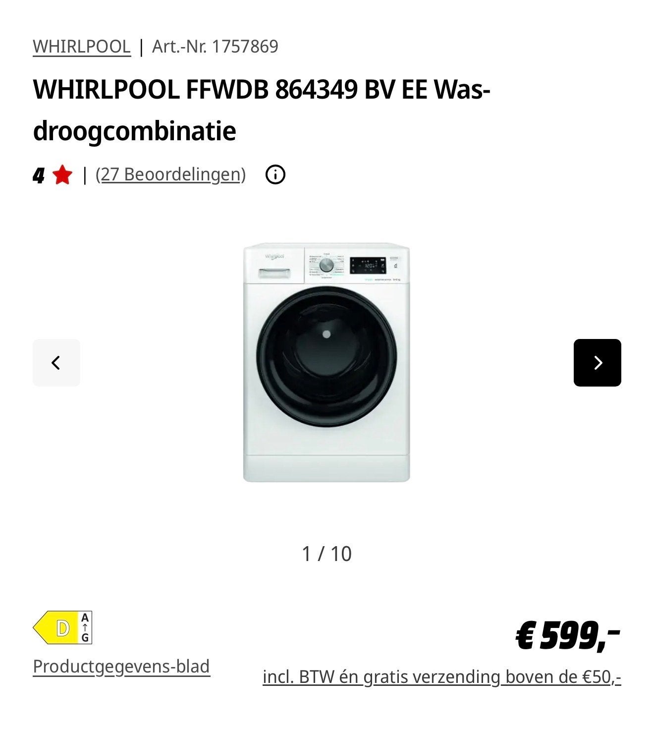 Whirlpool FFWDB 864349 BV EE Was-droogcombinatie, Witgoed en Apparatuur, 8 tot 10 kg, Ophalen, Nieuw, 85 tot 90 cm