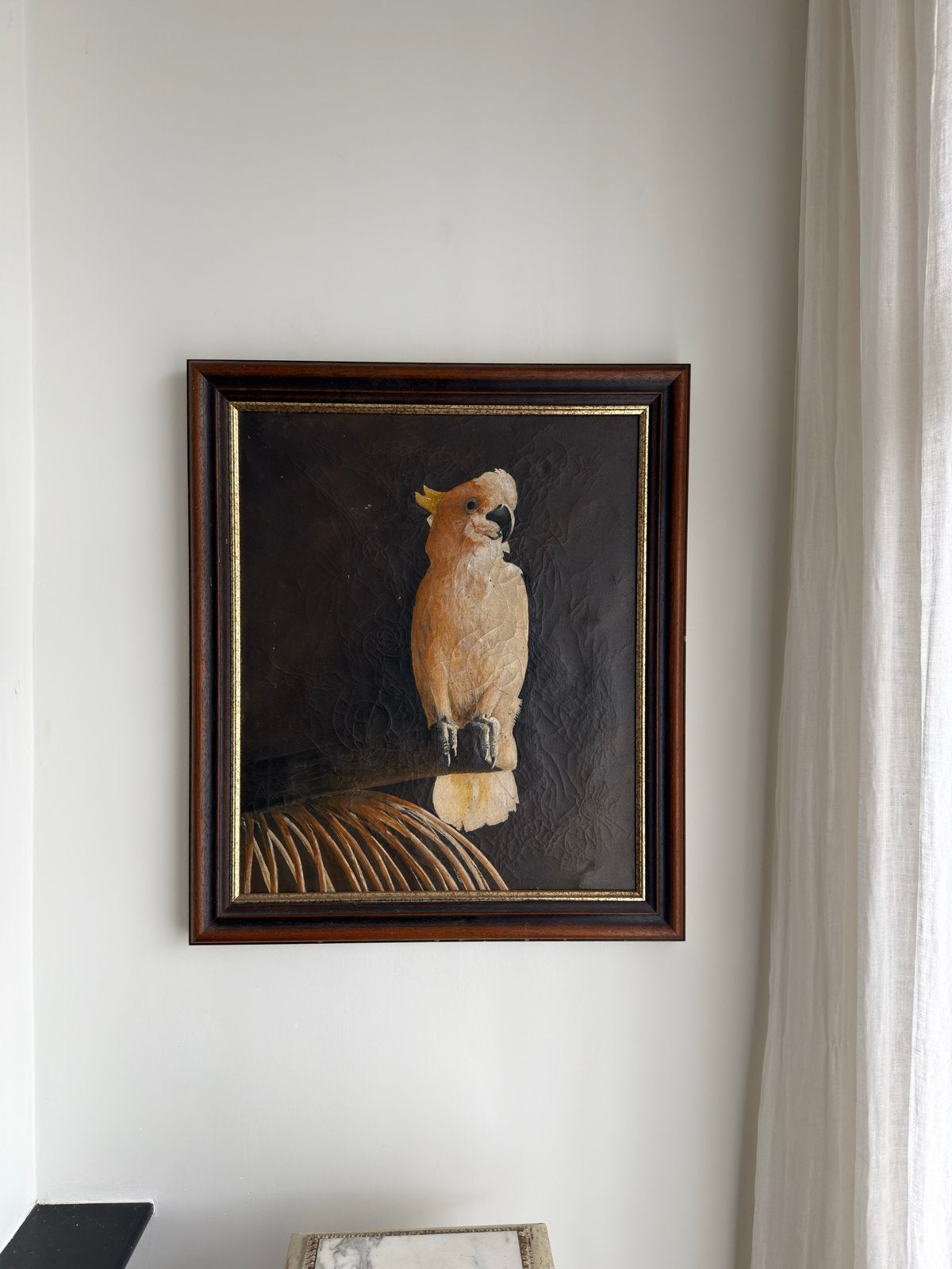 Oud schilderij van een kaketoe, olieverf op paneel, Paneel, Dieren, Ophalen of Verzenden, Olieverf