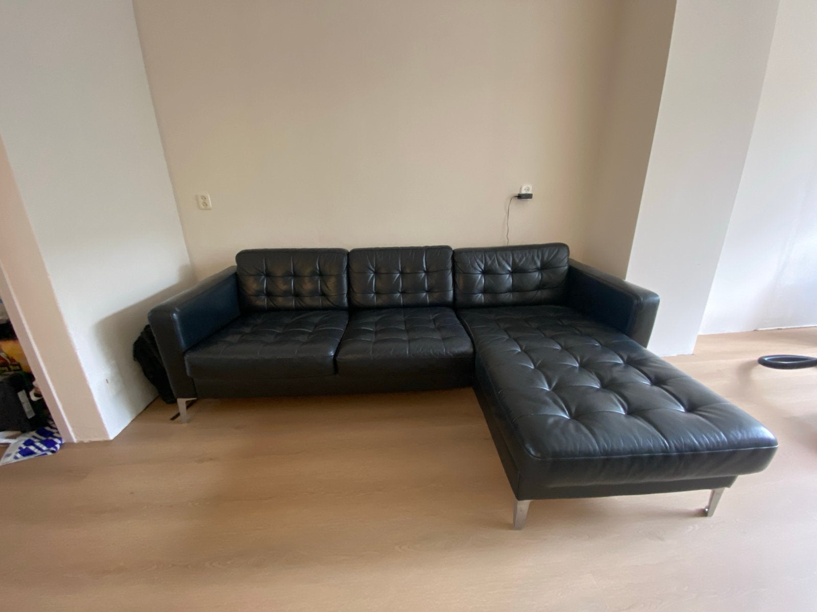 Ikea Landskrona hoekbank zwart leer, Ophalen, Gebruikt, Hoekbank, 200 tot 250 cm