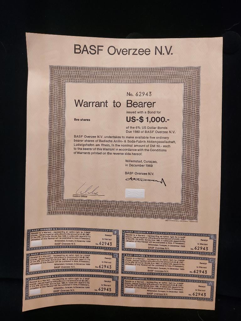 Vintage aandeel BASF Overzee N.V. 1969, Willemstad, Curaçao, Ophalen of Verzenden, 1950 tot 1970, Aandeel
