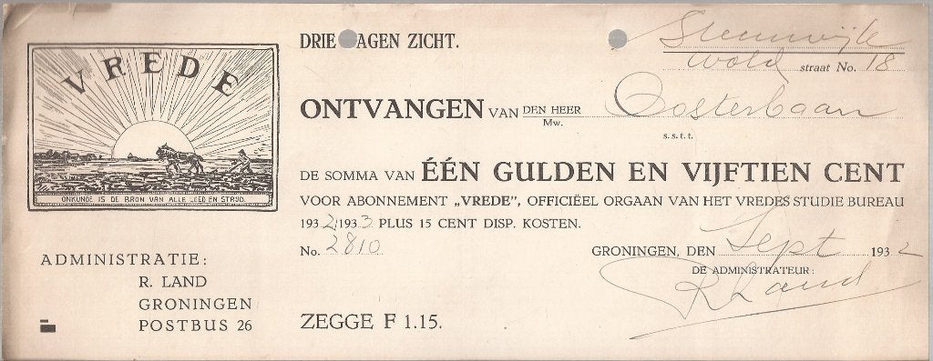 Kwitantie 'Vrede' Officieel Orgaan Vredes studie Bureau 1932, Gebruikt, Ophalen of Verzenden, Nvt, Nvt