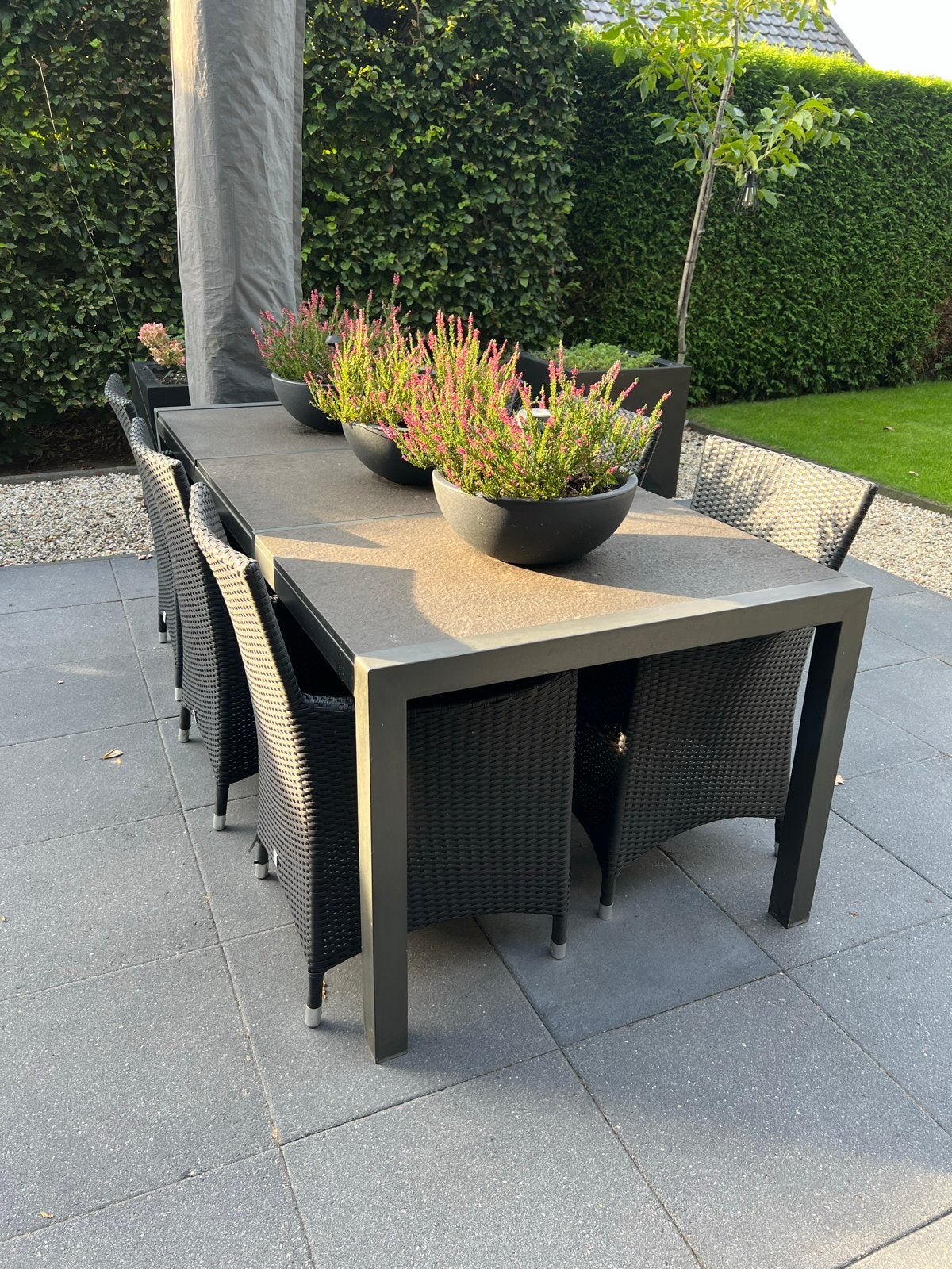Tuintafel met 6 stoelen en bloempotten, Tuin en Terras, Ophalen, Gebruikt, Rechthoekig, Overige materialen