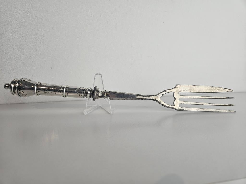 Antieke zilveren vork met gedateerd heft, 31 cm, 1885, Ophalen of Verzenden