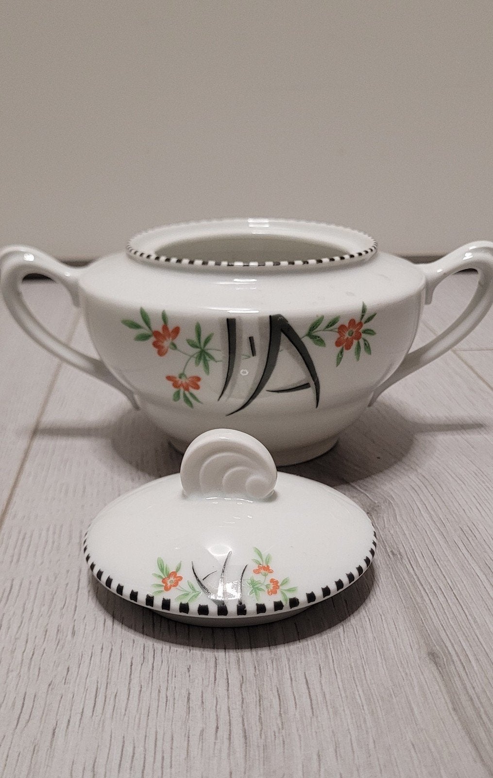 Vintage suikerpot, bloemmotief en zwart-wit geblokte rand, Ophalen of Verzenden