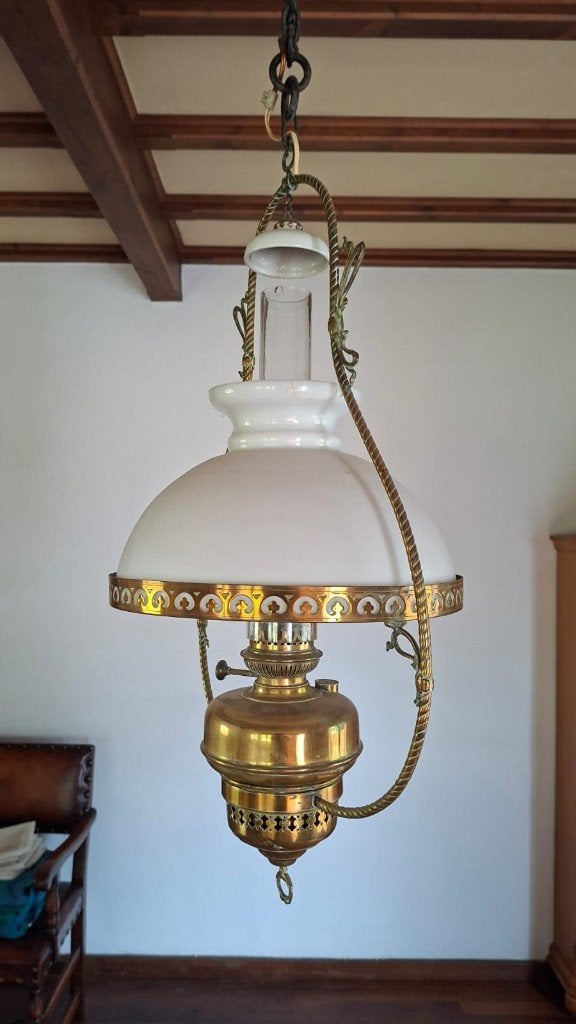 Antieke koperen olielamp – elektrisch gemaakt, Antiek en Kunst, Ophalen, Koper