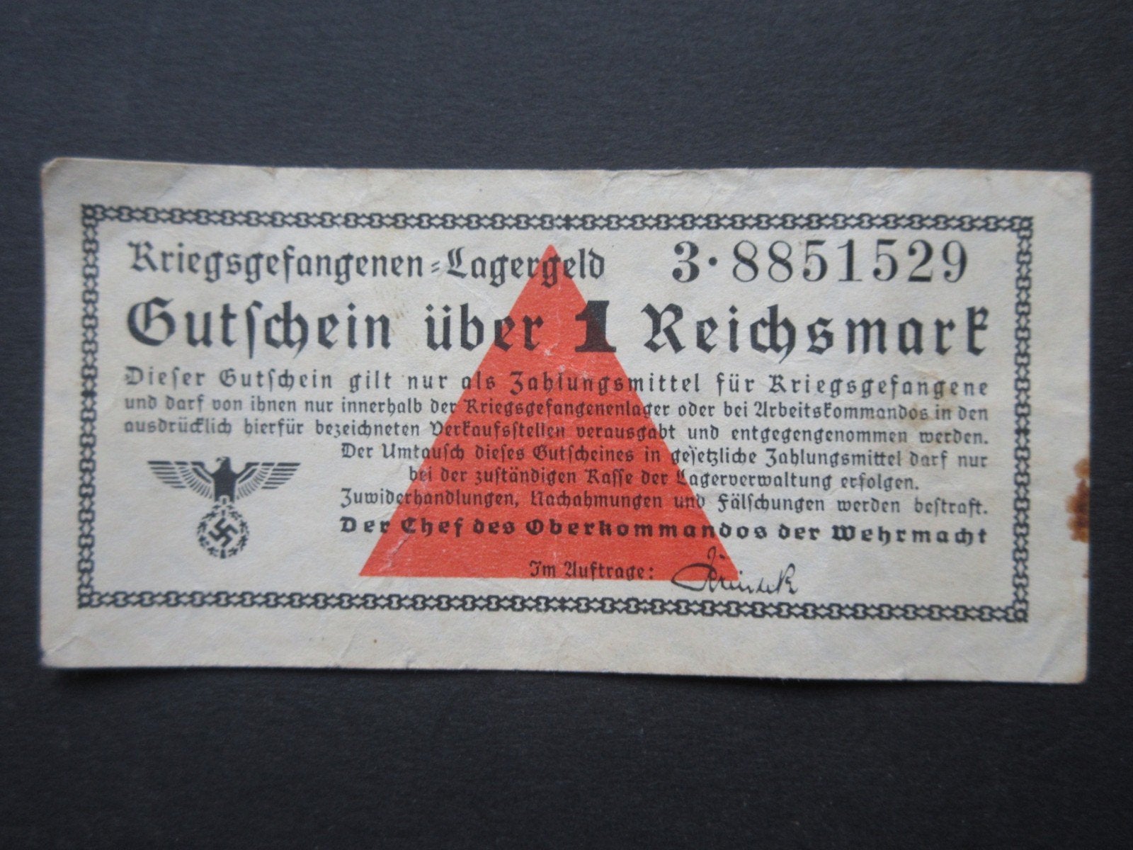 1 Reichsmark 1939-1940 Duitsland Kampgeld POW WW2, Verzenden, Duitsland, Los biljet