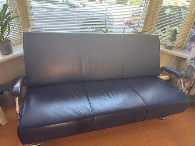 Originele Gispen 3-zitsbank, herbekleed met blauw leer, Ophalen, Gebruikt, Driepersoons, 75 tot 100 cm