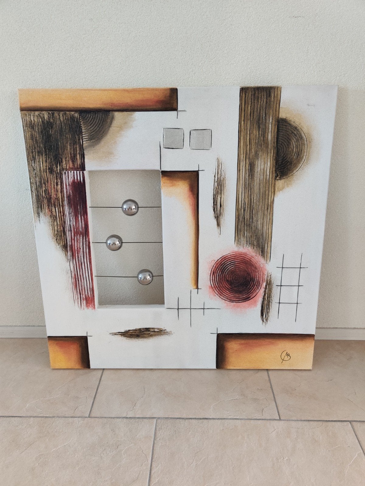 Abstract schilderij met 3D-elementen, Antiek en Kunst, Ophalen
