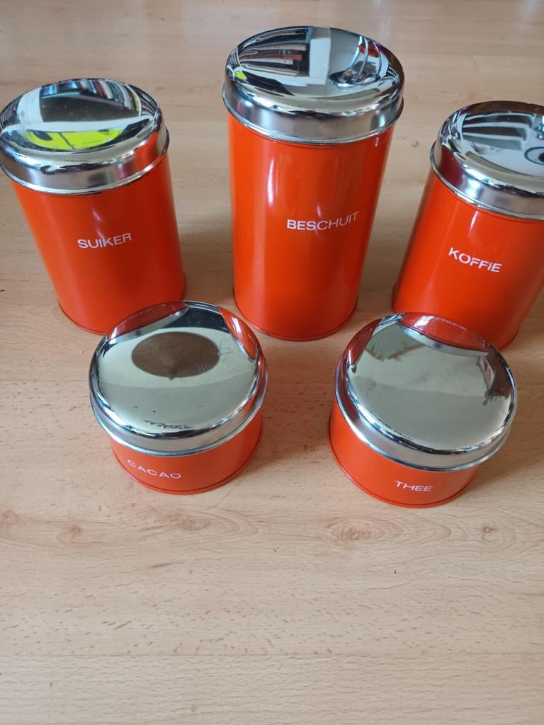 Vintage oranje voorraadpotten set uit de jaren 60, 5 stuks, Ophalen of Verzenden