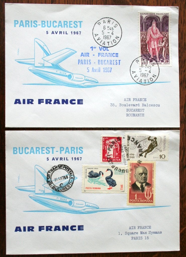 Air France 1e vol Paris-Bucarest v.v. (2 enveloppen), Ophalen of Verzenden, Gebruikt, Schaalmodel