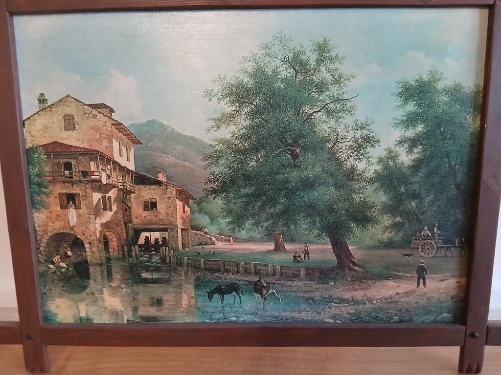Antiek Schilderij: Dorpsgezicht met Watermolen en Figuren, Ophalen of Verzenden