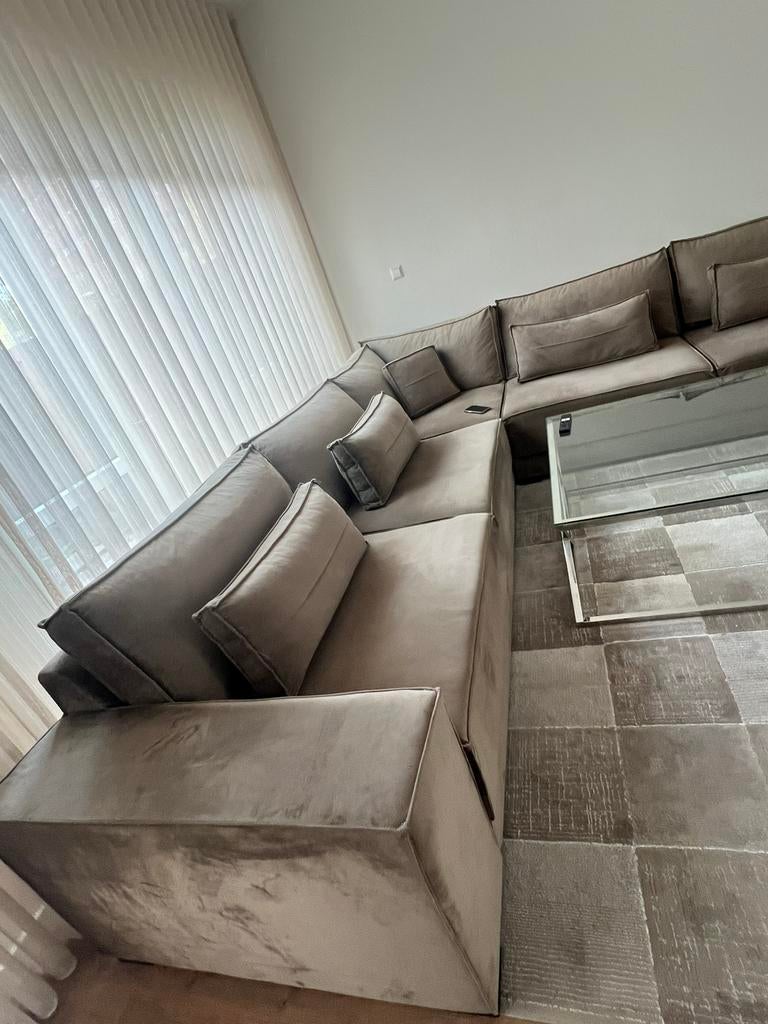 Taupe velvet hoekbank, Ophalen, Gebruikt, Stof, Velvet