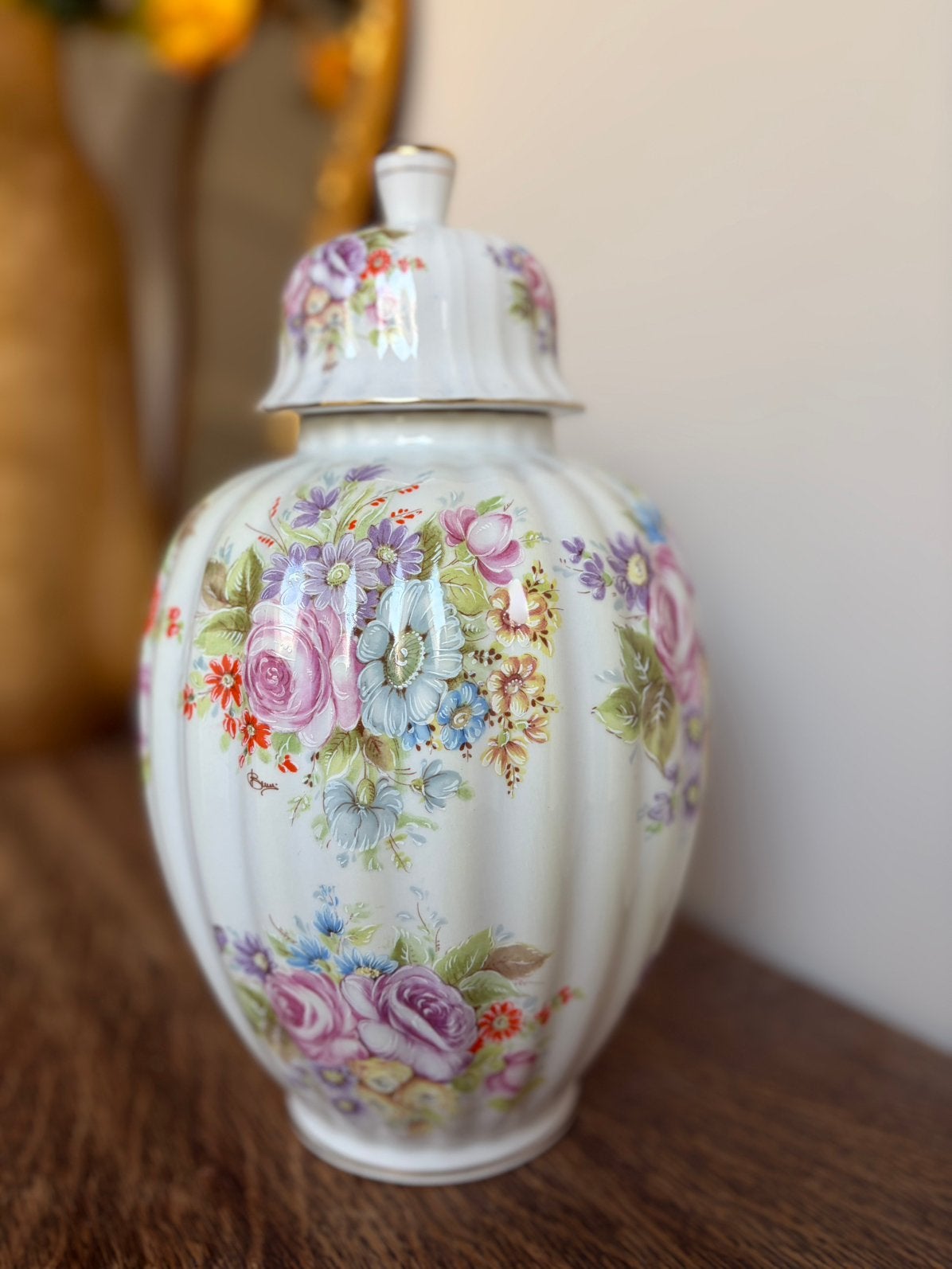 Vintage Italiaanse dekselvaas met bloemen, Ophalen of Verzenden