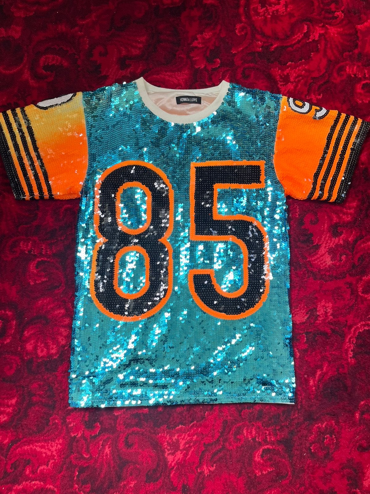 Opvallend Pailletten shirt Turquoise & Oranje (Nevada Love), Ophalen of Verzenden, Zo goed als nieuw, Meerkleurig, Korte mouw