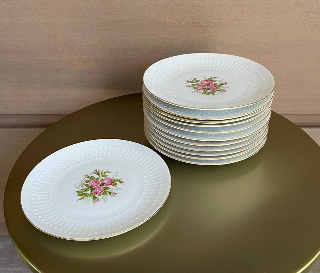 12 Vintage Winterling Gebaksborden met Roze Rozen, Ophalen of Verzenden