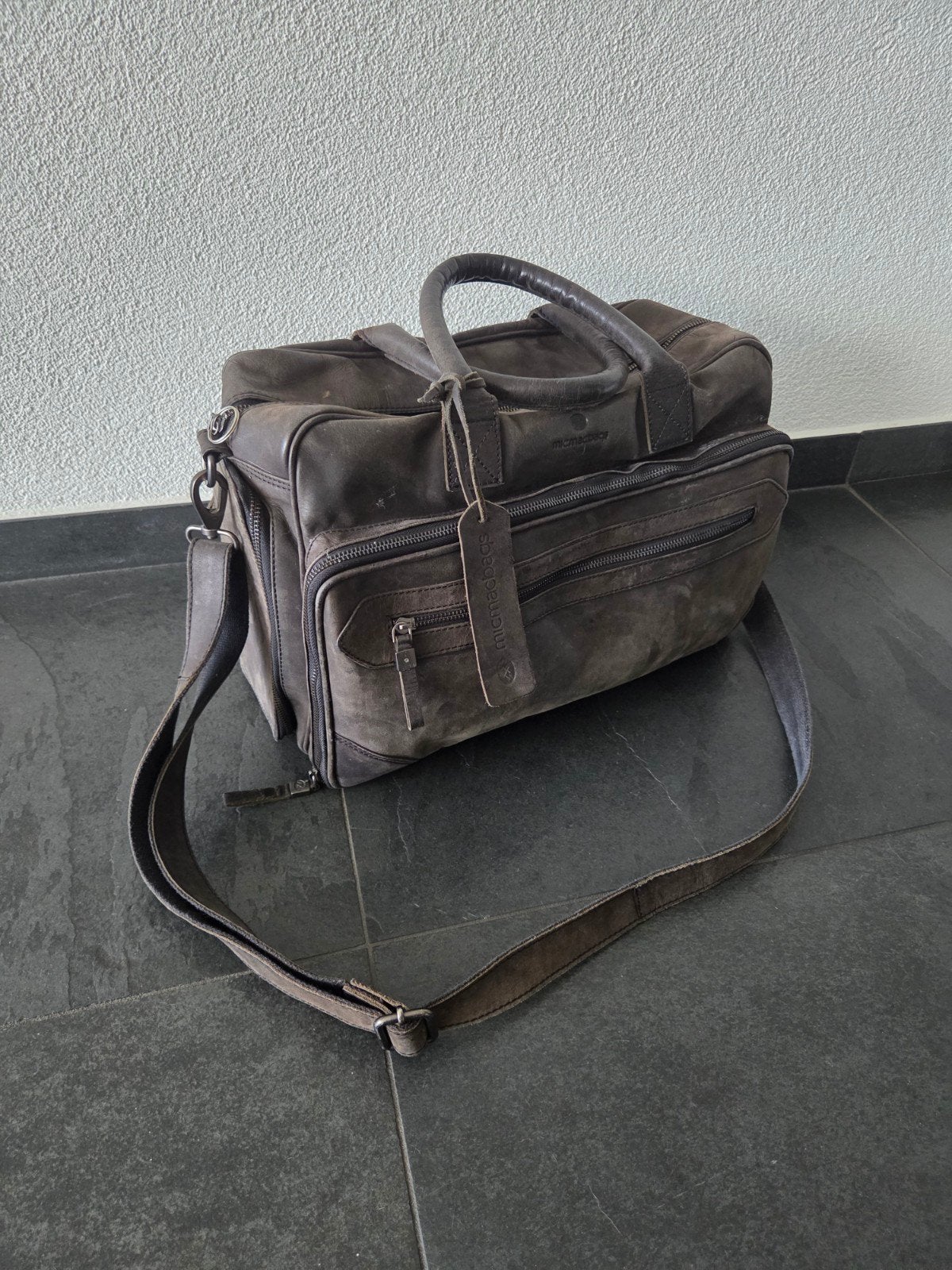 Leren luiertas Micmacbags, Schoudertas functie, Grijs, Ophalen, Verzorgingstas