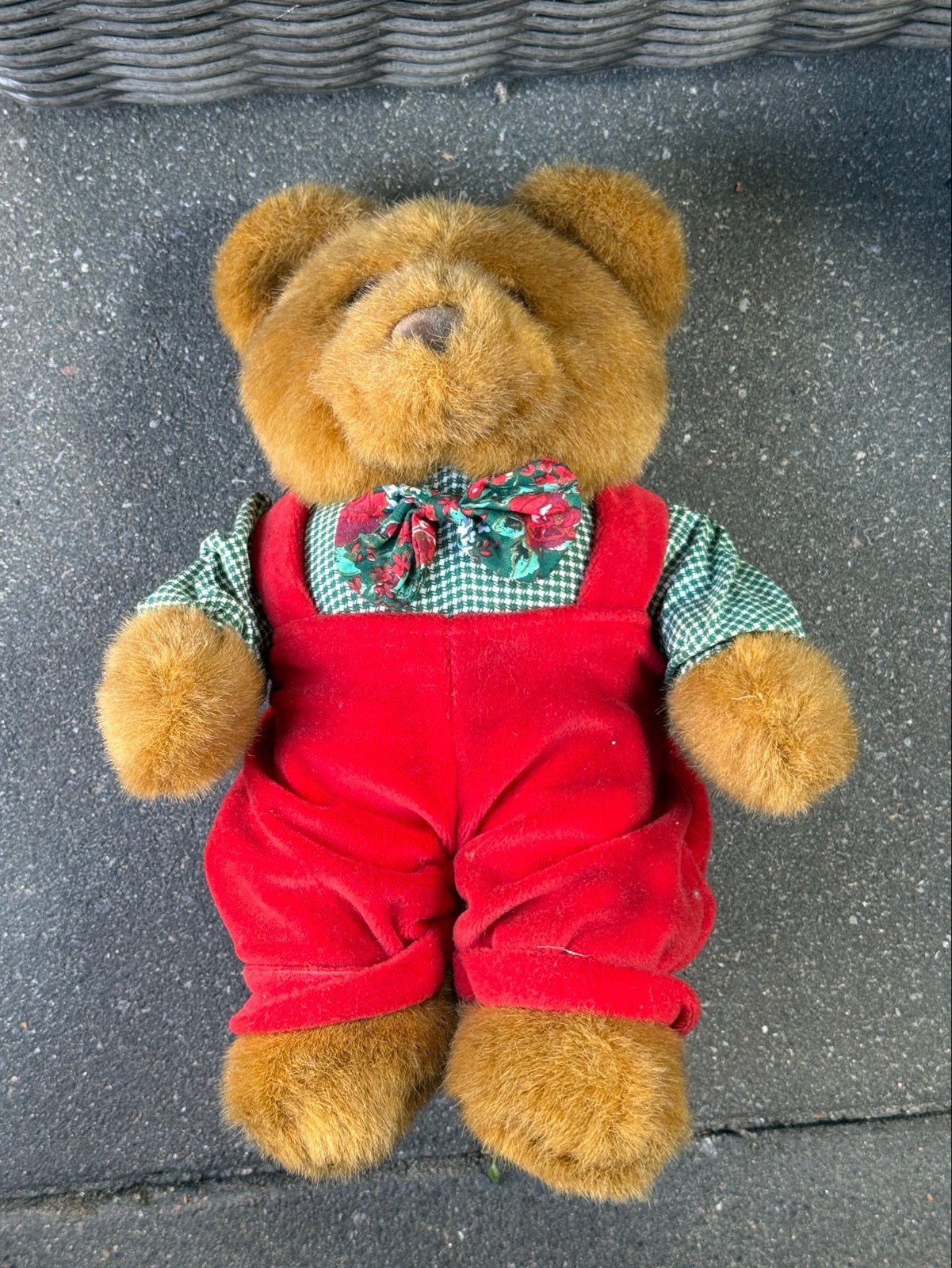 Schattige teddybeer met rode tuinbroek en geruit shirt, Ophalen, Overige merken, Overige karakters, Beer