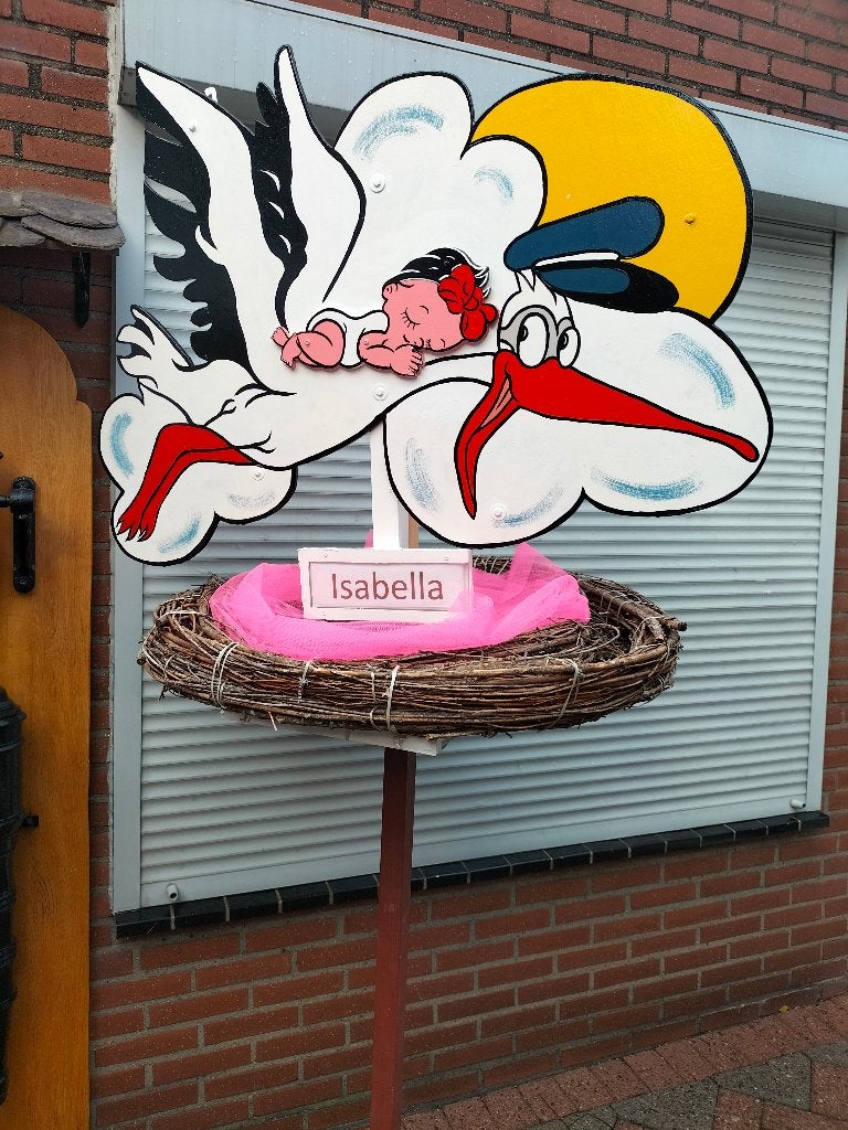 Ooievaar op nest, inclusief naambordje van de baby., Ophalen, Nieuw, Geboortebord