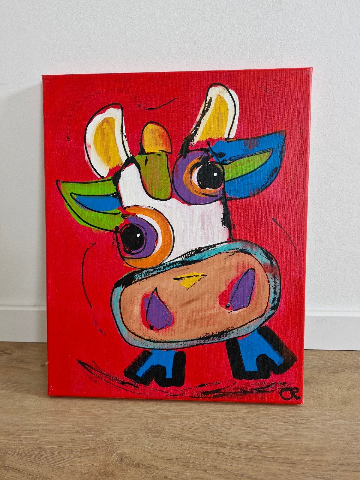 Kleurrijk Schilderij "Déjà Moo" van C.M. Leushuis, Ophalen, Acrylverf, Dieren, Op houten frame