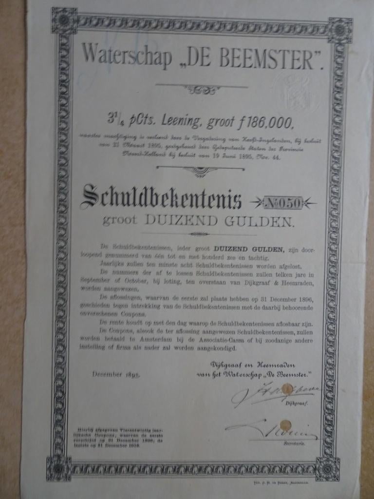 Schuldbekentenis Waterschap "De Beemster" 1895, Ophalen of Verzenden, Voor 1920, Aandeel