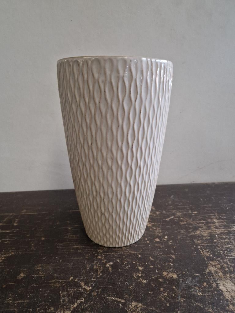 Prachtige hoge bloempot crème met goudkleurige strepen 30cm, Rond, Ophalen of Verzenden, Zo goed als nieuw, Balkon