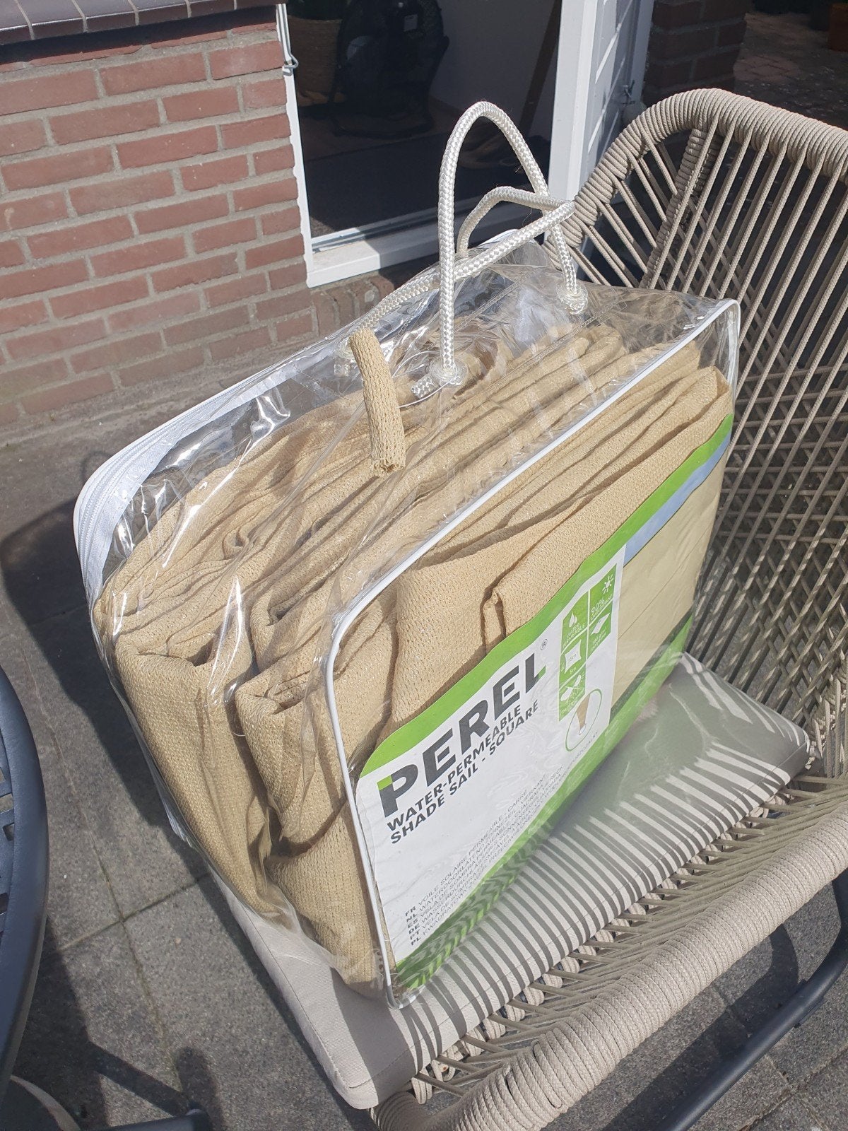 perel Schaduwdoek vierkant 5 x 5 zandkleur, Tuin en Terras, Schaduwdoeken, Ophalen, Nieuw