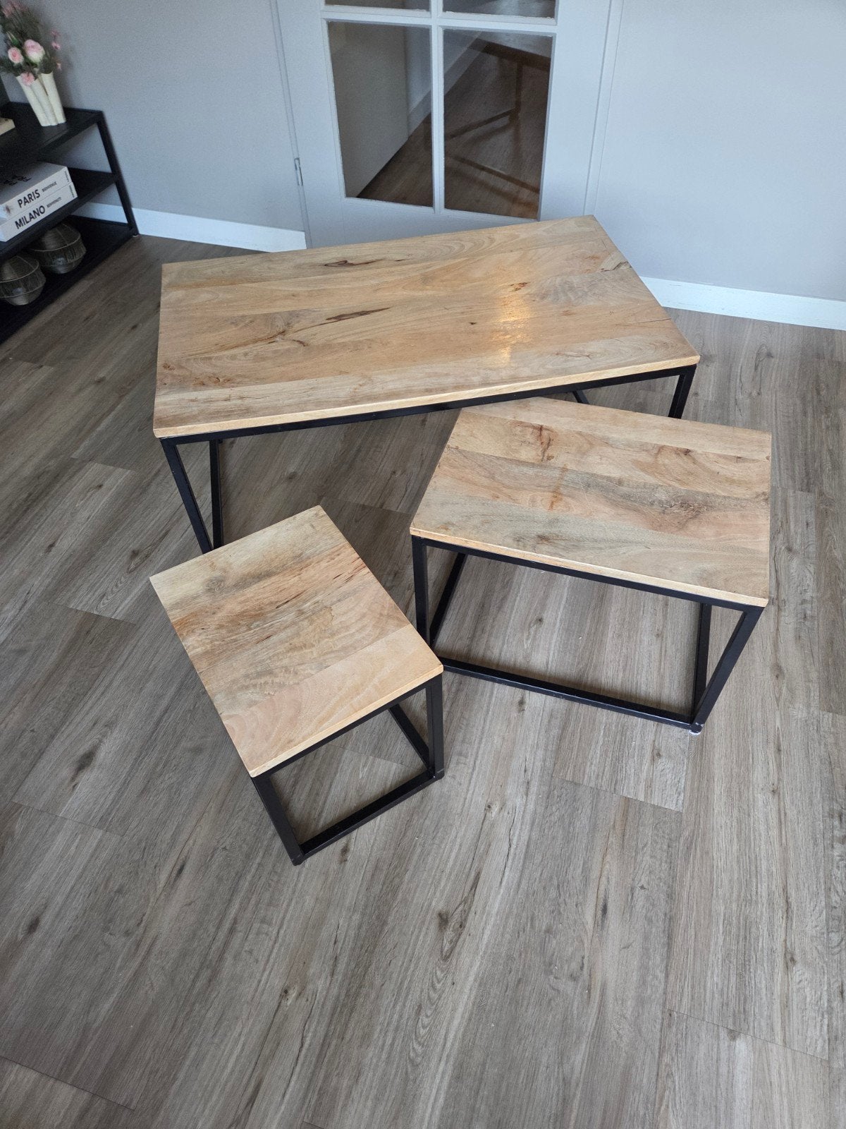Salontafelset mangohout en metaal - 3-delig, Gebruikt, 100 tot 150 cm, Industrieel, Modern, 50 tot 100 cm