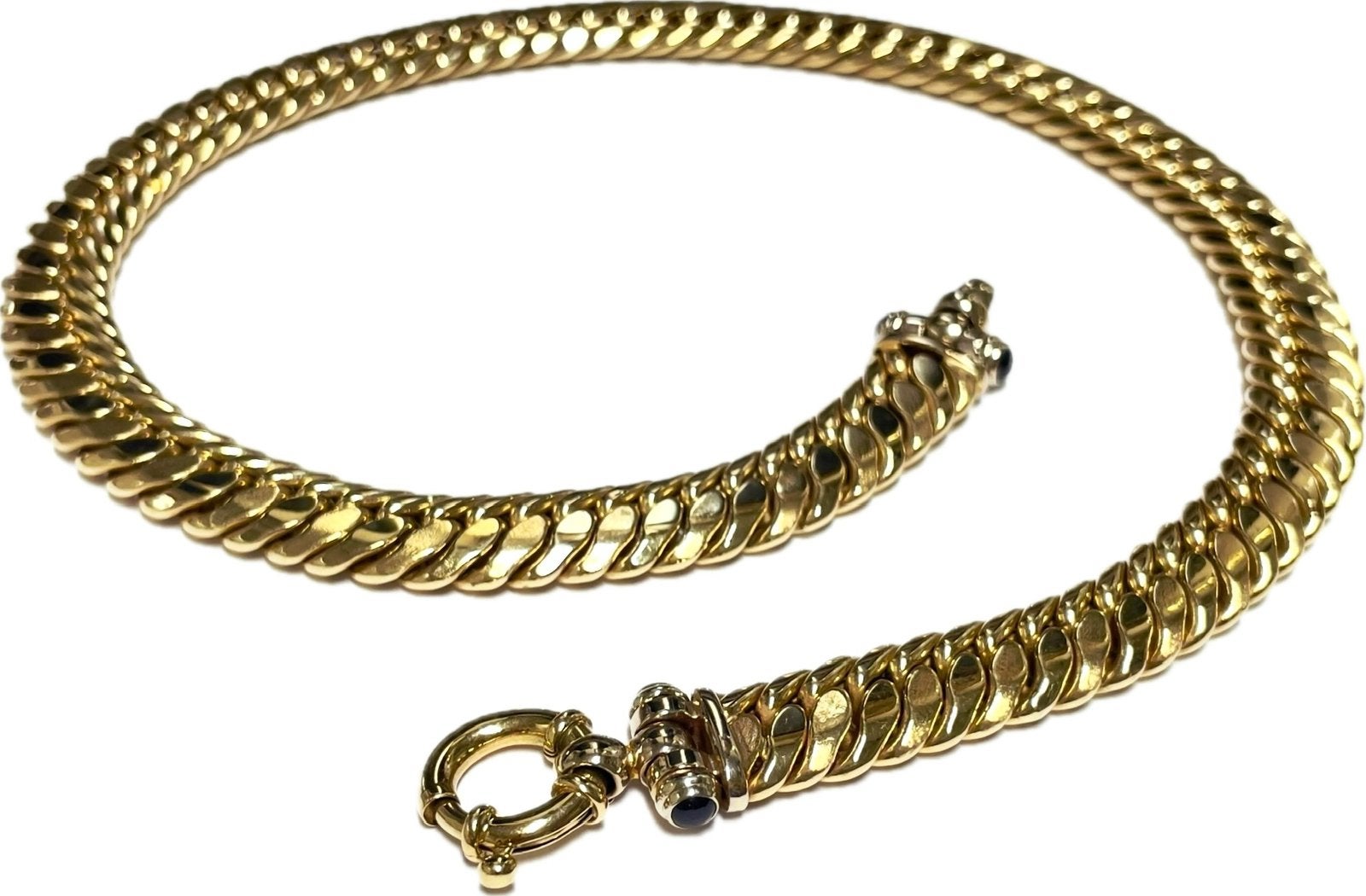 Geelgouden Cuban Link Gourmet Slot Collier Saffier 56.8 gr, Ophalen, Tieman Juweliers Vintage Sieraden, Zo goed als nieuw, Met edelsteen