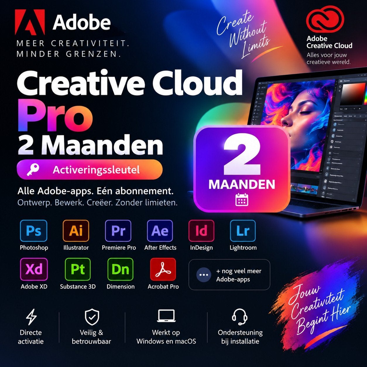 Adobe Creative Cloud Pro - Alle app voor 2 maanden, Computers en Software, Ophalen of Verzenden, Nieuw, MacOS
