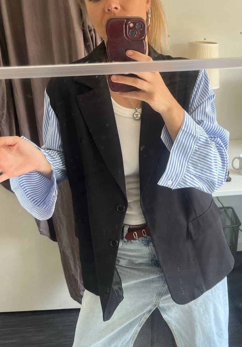 Trendy blazer met gestreepte blousemouwen Oversized – M/L, Verzenden, Zo goed als nieuw, Maat 38/40 (M), Blauw